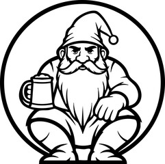 Mischievous bearded gnome character holding a frothy beer mug, perfect for festive branding and pub logos, full of personality and charm.