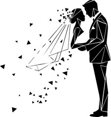 Elegant silhouette of a bride and groom dissolving into abstract geometric shapes, symbolizing love's transformation and enduring connection for modern weddings.