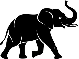 Majestic elephant striding confidently with trunk raised, symbolizing strength, wisdom, and wild beauty in a striking silhouette.