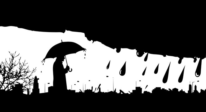 Lone figure with umbrella braving heavy rain against city skyline, capturing resilience and dramatic weather.