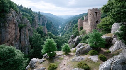 Ancient Stone Castle Ruins Overlooking Green Valley Under Bright Daylight Landscape