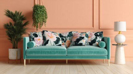 Teal sofa with floral cushions