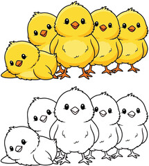 Adorable cartoon yellow chicks and a black and white outline version, perfect for coloring books, Easter themes, children's designs, and farm animal illustrations.
