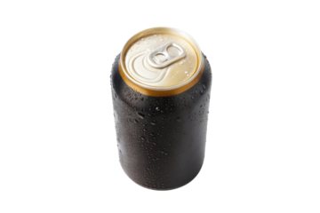 Cold beverage can with condensation, showcasing shiny gold pull tab and dark liquid inside, evokes refreshing feeling