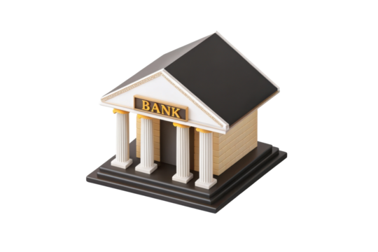 Miniature bank building model featuring classic architectural elements, including columns and triangular roof, symbolizing finance and stability