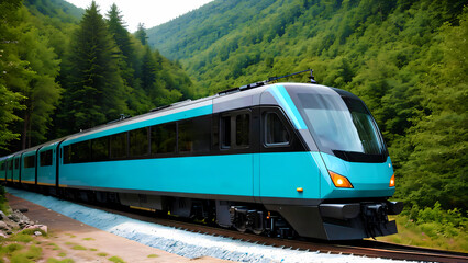 Futuristic eco-train powered by magnetic fields through mountain forest