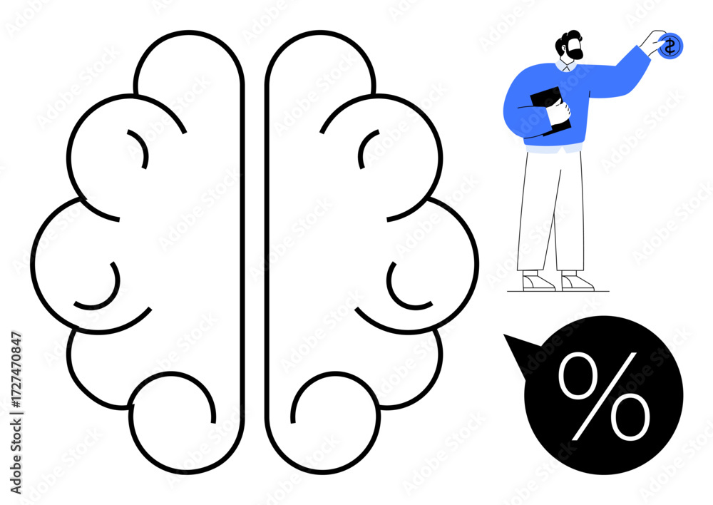 Poster brain outline with a man holding a tablet and a data representation idea featuring a percentage sign