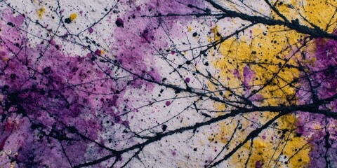 Abstract watercolor branches and colorful blots purple yellow black on textured white paper