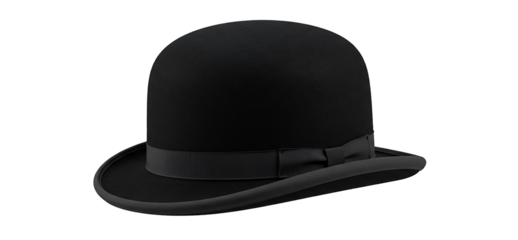 Classic black bowler hat with a ribbon isolated on transparent cutout background, cut out, png