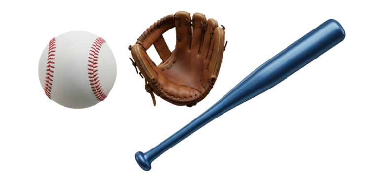 Old Baseball, Glove, and Bat isolated on transparent cutout background, cut out, png