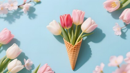 Colorful Tulips in Ice Cream Cone on Soft Blue Background