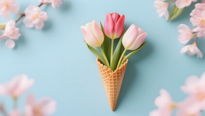 Creative Floral Arrangement in Ice Cream Cone on Blue Background