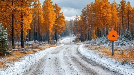 Snowy winding road surrounded by trees with autumn foliage