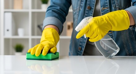 Person wearing yellow gloves cleaning a white surface with a sponge and spray bottle