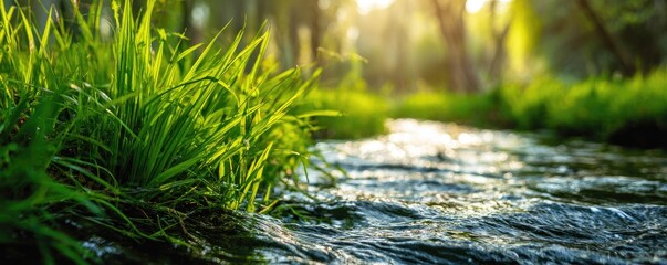 Fresh, flowing creek with vibrant greenery