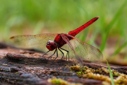 Close-up of a vibrant red dragonfly on a log - Powered by Adobe