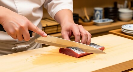 Chef's hands slicing fresh tuna fillet on a wooden board for sushi.