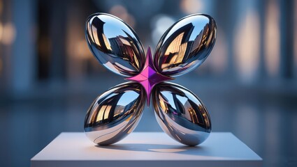 Polished metallic petals with purple star accent sculpture reflective