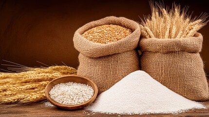 Burlap sacks of grains and flour rustic setting