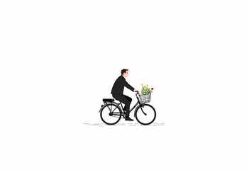 Obraz premium Illustration of a Man in a Black Suit Riding a Bicycle with a Basket of Colorful Flowers against a Minimalist White Background