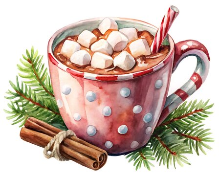 Watercolor hot chocolate with marshmallow isolated on white background, cinnamon stick and fir branch for christmas season
