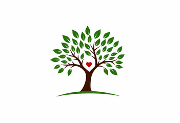 Fototapeta premium Lush Green Tree with Heart Symbol Illustrating Growth, Love, and Nature on Minimal White Background