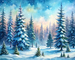 Fototapeta premium A picturesque winter wonderland with snowcovered fir trees in a serene forest, creating a peaceful and enchanting scene