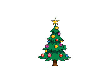 Fototapeta premium Colorful Decorated Christmas Tree with Star Topper and Multi-Colored Baubles on Green Branches Celebrating Festive Holiday Season with Cheerful Spirit