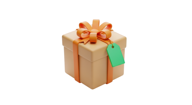 Peach Gift Box with Orange Ribbon and Green Tag isolated on a transparent background present - Powered by Adobe