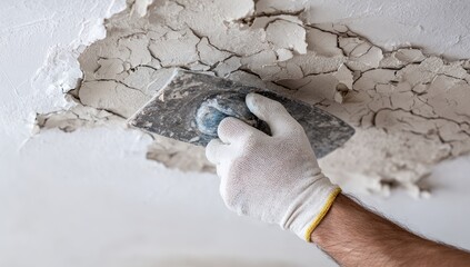 A hand in a glove repairs a cracked plaster ceiling