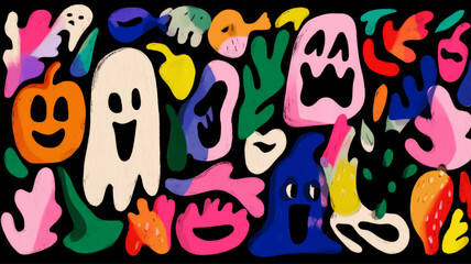 Halloween vector artistic paint background. Many elements next to each other: pumpkin, ghost, halloween sweets, monsters, leaves, autumn elements. 