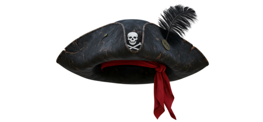 Pirate tricorn hat with skulls and a red bandana isolated on transparent cutout background, cut out, png