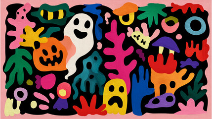 Halloween vector artistic paint background. Many elements next to each other: pumpkin, ghost, halloween sweets, monsters, leaves, autumn elements. 