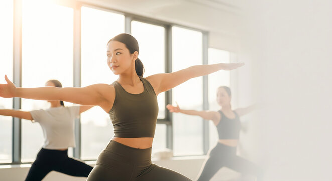 Concentrated Asian women in yoga class performing warrior pose in sunlit studio - Powered by Adobe