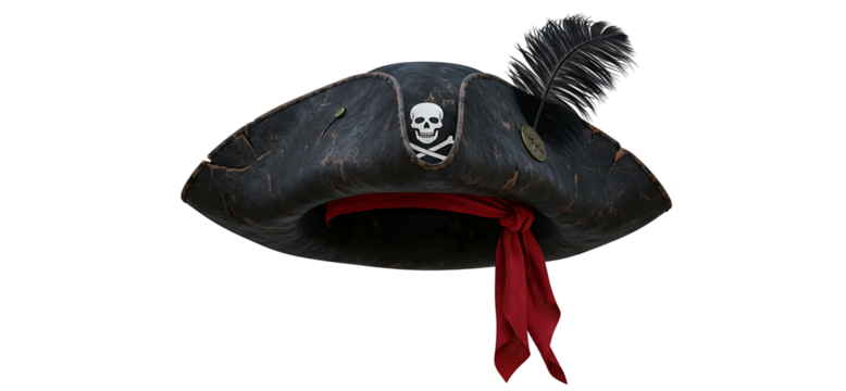 Pirate tricorn hat with skulls and a red bandana isolated on transparent cutout background, cut out, png