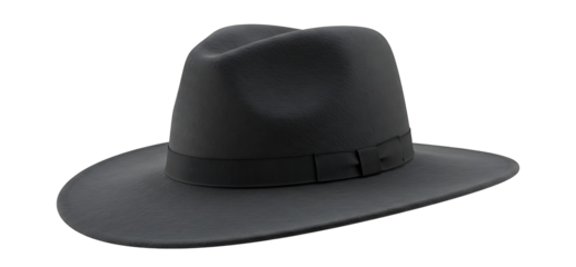 black fedora hat with a wide brim isolated on transparent cutout background, cut out, png