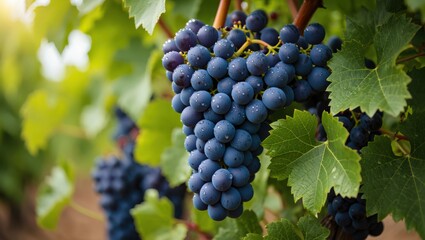 Ripe dark blue grapes covered in water droplets hanging from a vine with green leaves vineyard
