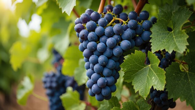 Ripe dark blue grapes covered in water droplets hanging from a vine with green leaves vineyard
