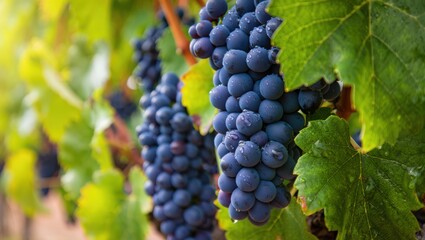 Ripe dark blue grapes with water droplets on green leaves vineyard fruit