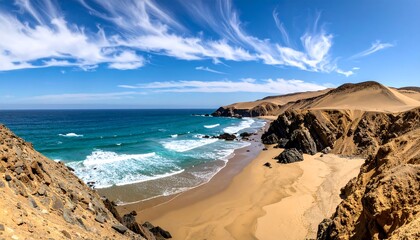Sunny coastal scenery with waves crashing on a sandy beach