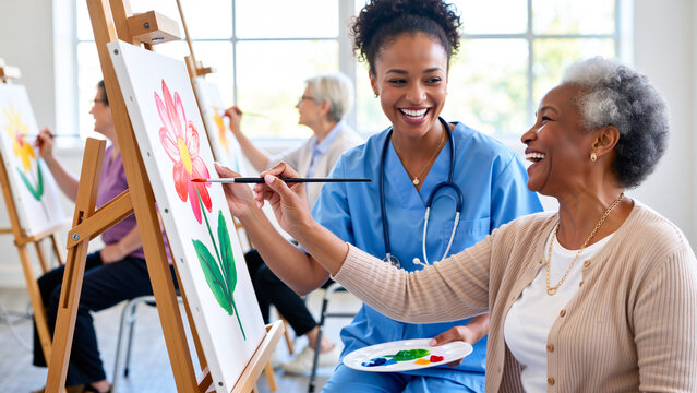 Smiling nurse helps happy senior woman paint flowers in a joyful art therapy class
