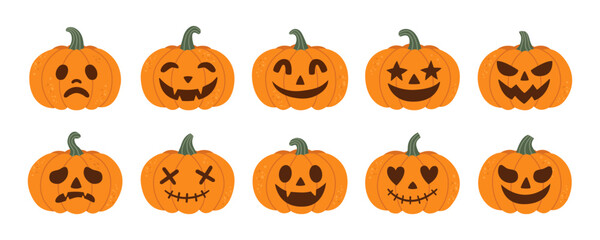 Halloween carved pumpkins set featuring jack o lantern faces with spooky funny cute expressions for autumn celebration festive decoration and seasonal creative design projects