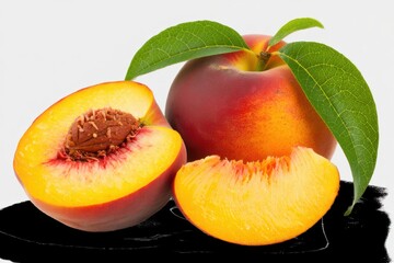 Ripe juicy peaches with green leaves and a sliced nectarine fruit