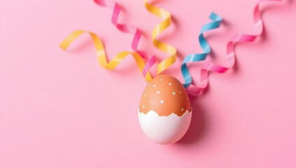 Decorative Easter Egg on Pink Background with Colorful Ribbons