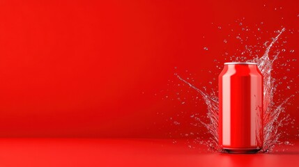 Red beverage can water splash photography red background