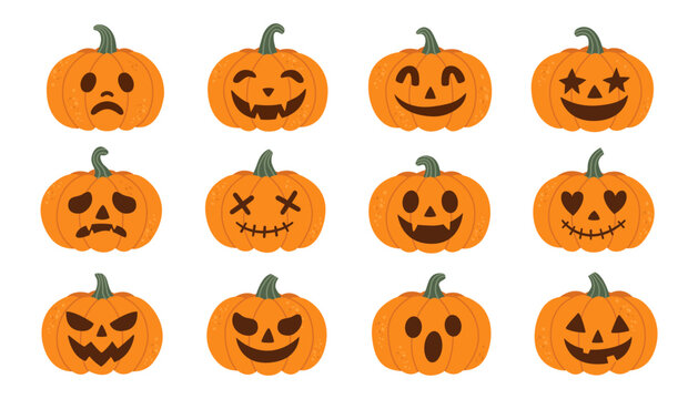 Halloween pumpkin faces collection with carved jack o lanterns in different expressions spooky funny cute designs for festive autumn decoration