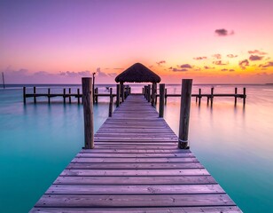 Obraz premium Serene sunrise over a tranquil wooden pier (1)