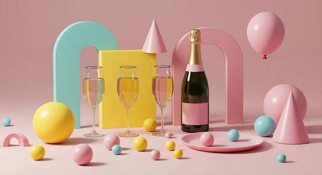 Vibrant pastel photo of a party setup with a champagne bottle and abstract shapes, perfect for a modern design aesthetic