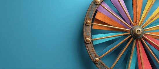 Colorful wooden wheel against teal background