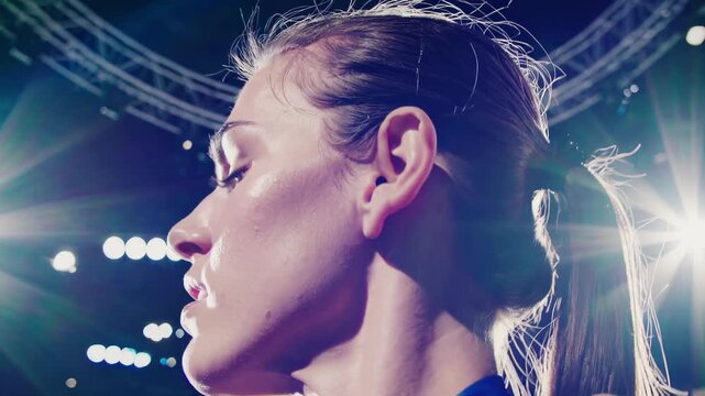 Woman athlete's collage featuring multiple expressions and angles, displaying a determined and focused attitude under stadium lights, highlighting strength and competitive spirit